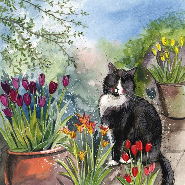 Alex Clark 14x14cm Wenskaart - Cat and Tulips
