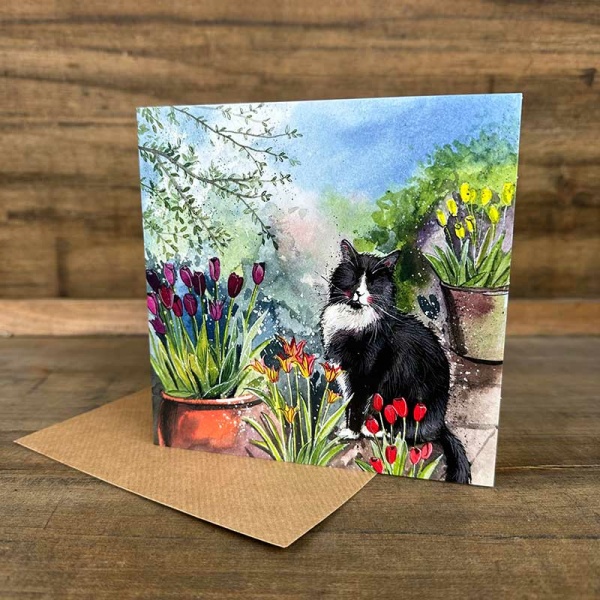 Alex Clark 14x14cm Wenskaart - Cat and Tulips - Afbeelding 2