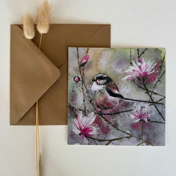 Alex Clark 14x14cm Wenskaart - Long Tailed Tit & Magnolia
