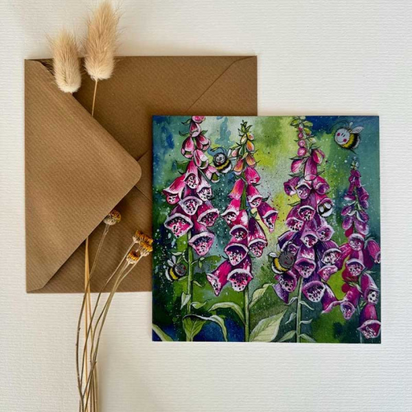 Alex Clark 14 x14cm Wenskaart - Fox Gloves & Bees