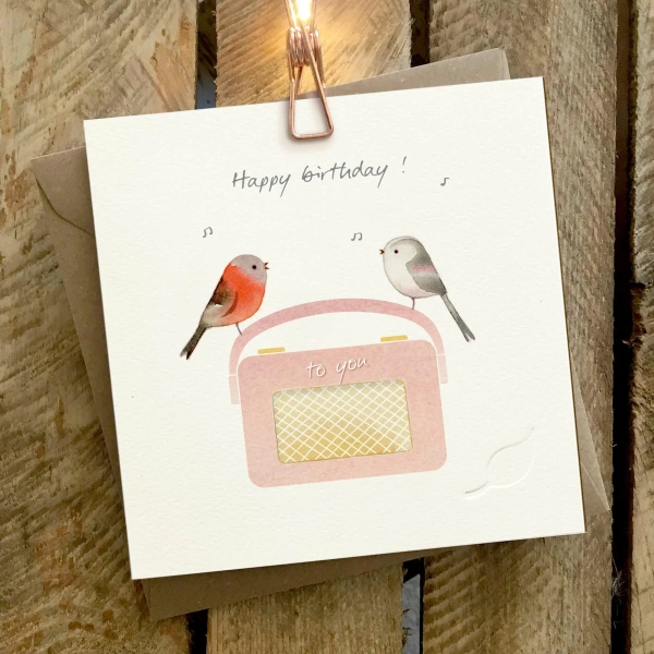 Ginger Betty 14,5x14,5cm Wenskaart - Birds & Retro Radio